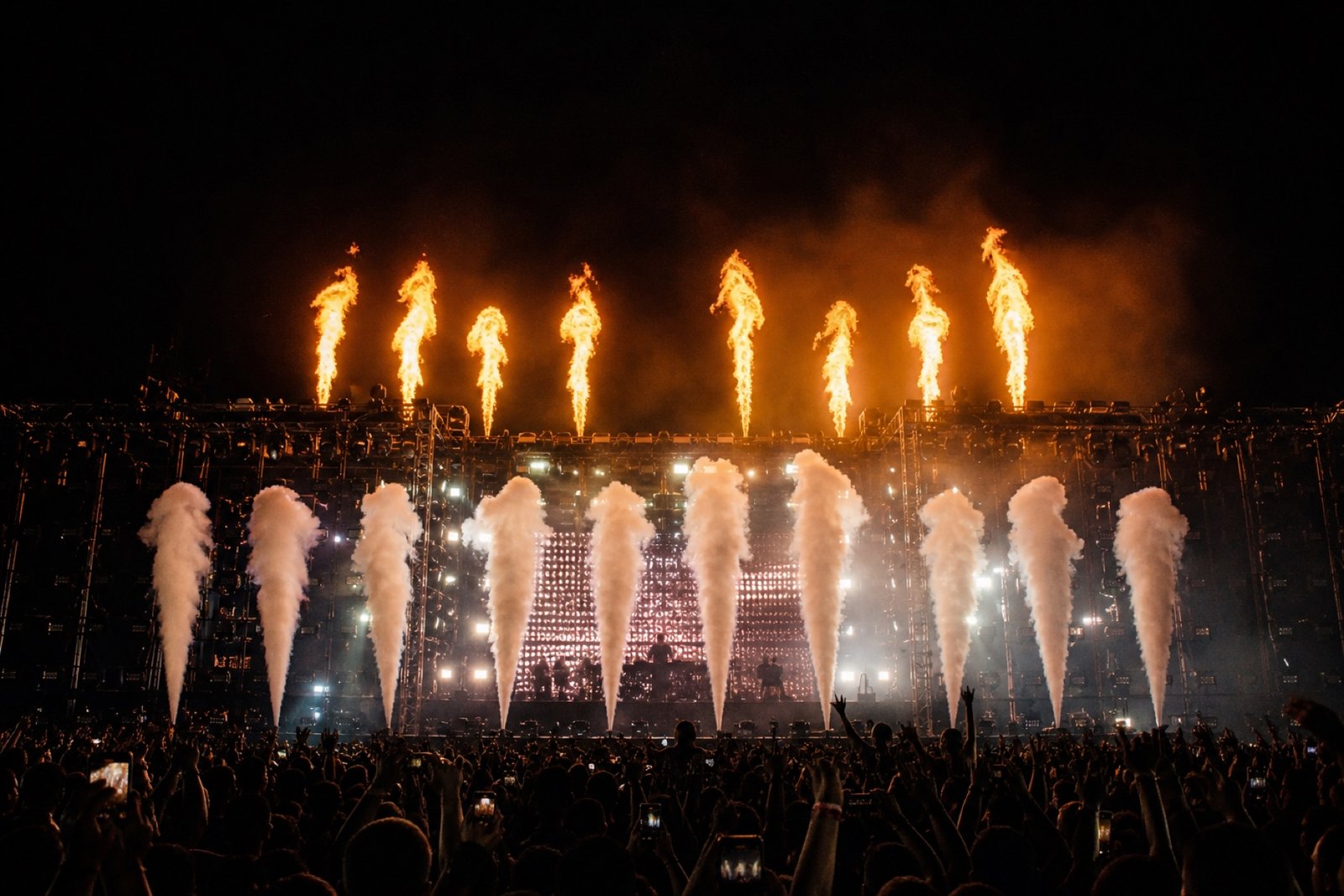 Concert stage with pyrotechnics and CO2 jets
